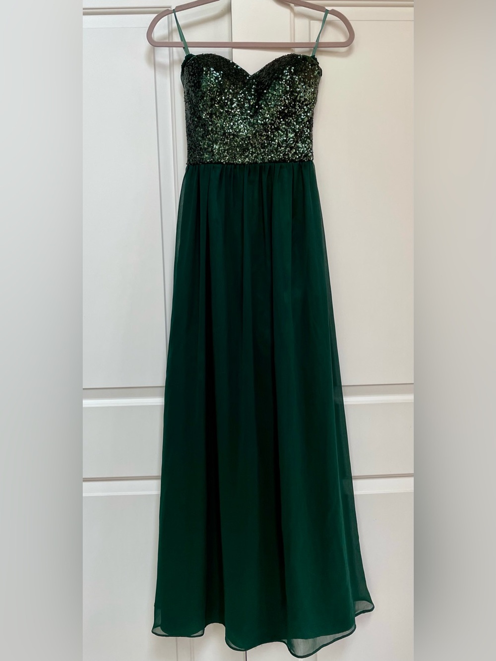 Chi Chi London Dark Green Strapless Sweetheart Sequined Chiffon Skirt Gown Dress